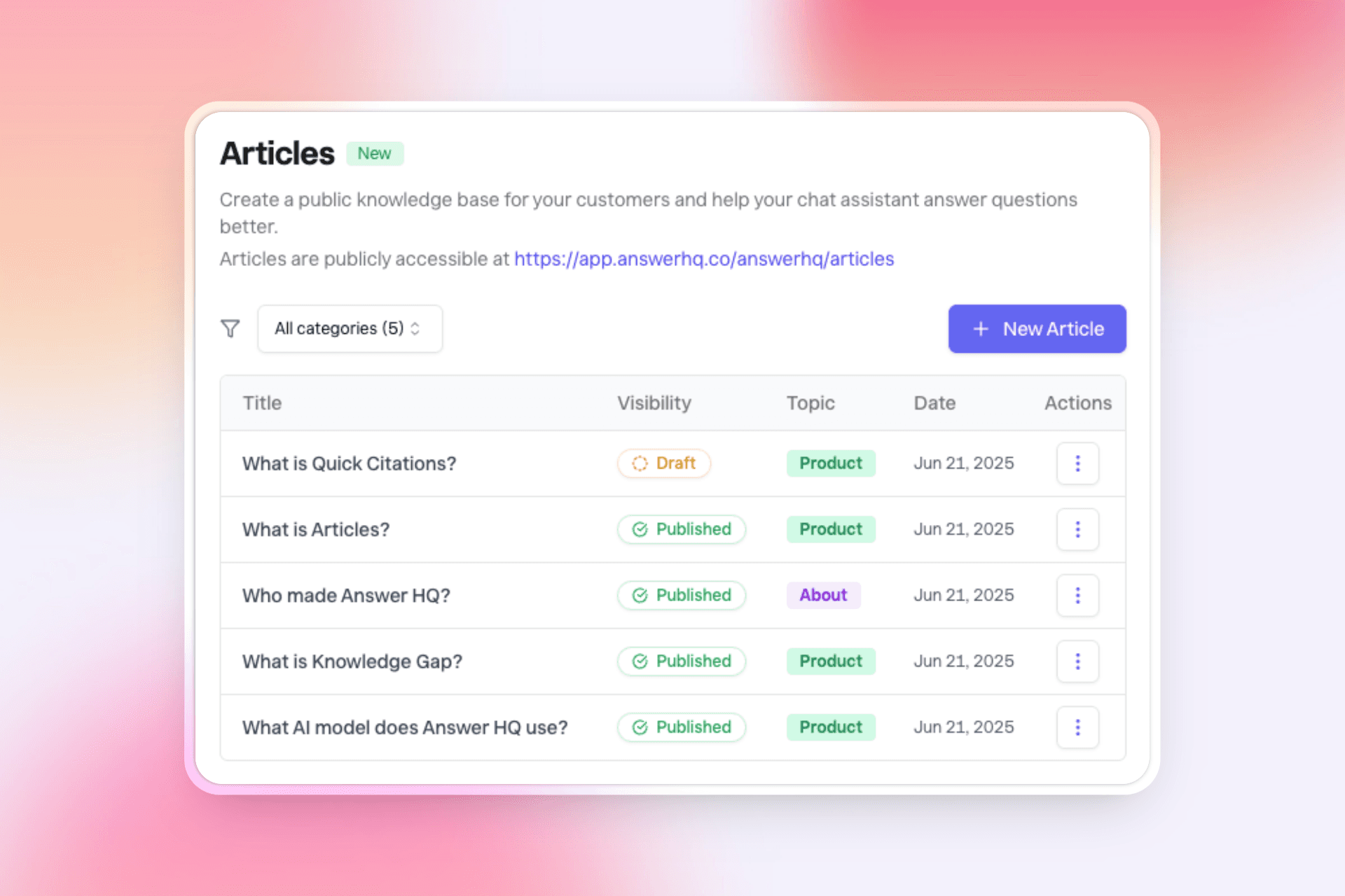 Articles help center screenshot in Answer HQ