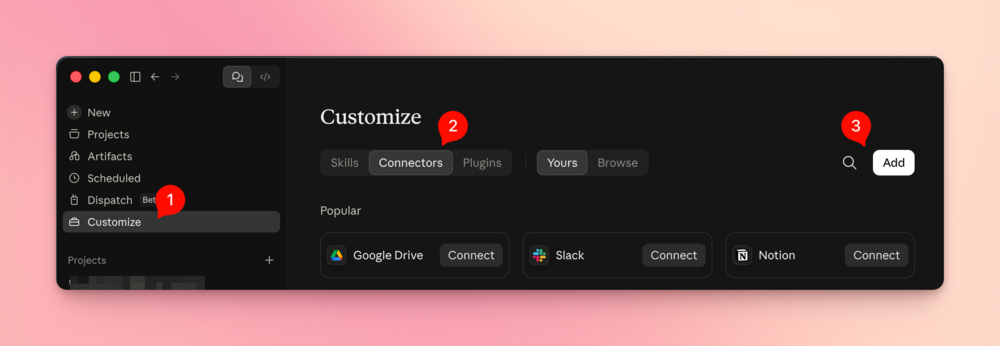 The Connectors screen in Claude, with the Add custom connector button