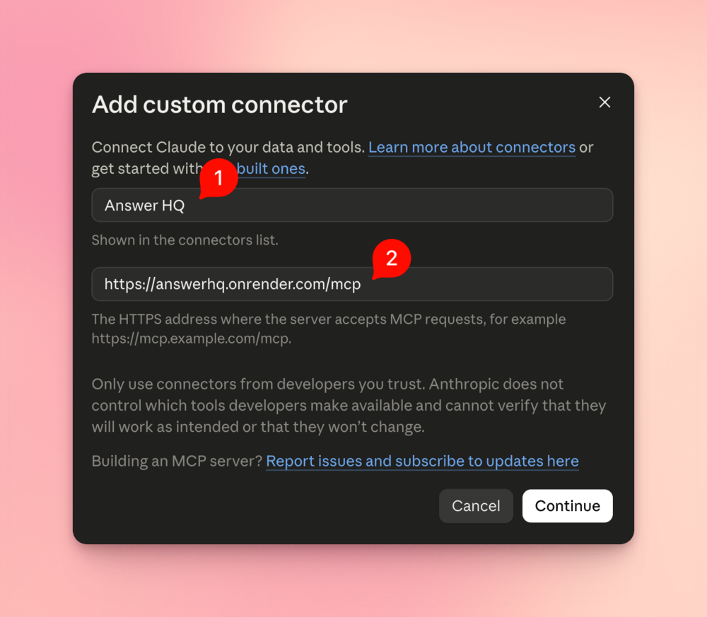 Claude's Add custom connector dialog with the name Answer HQ and the MCP server address filled in