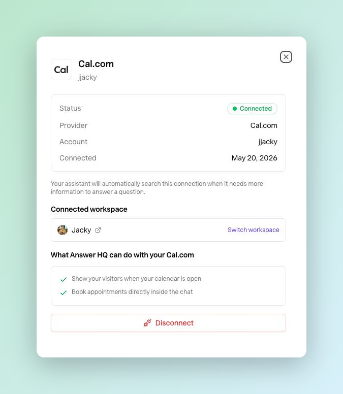 A connector page listing in plain language what Answer HQ can do with the connected account
