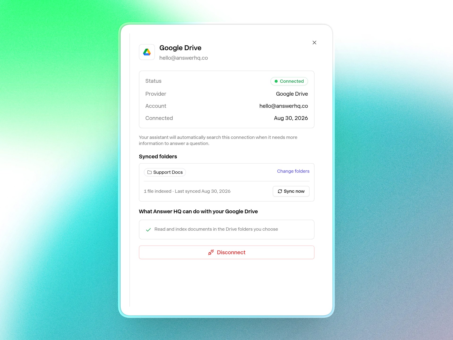 The connected Google Drive with synced folders and file count