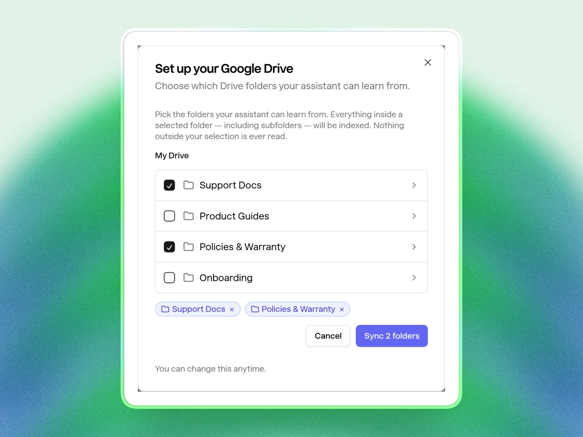 The folder picker with two folders selected