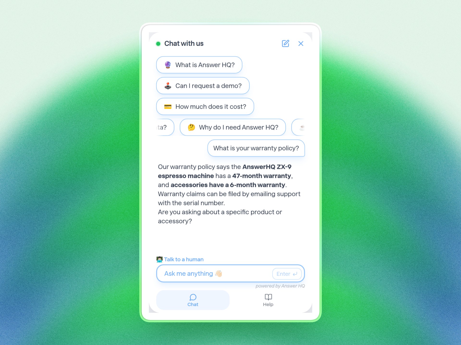 The chat widget answering a warranty question from a Drive document