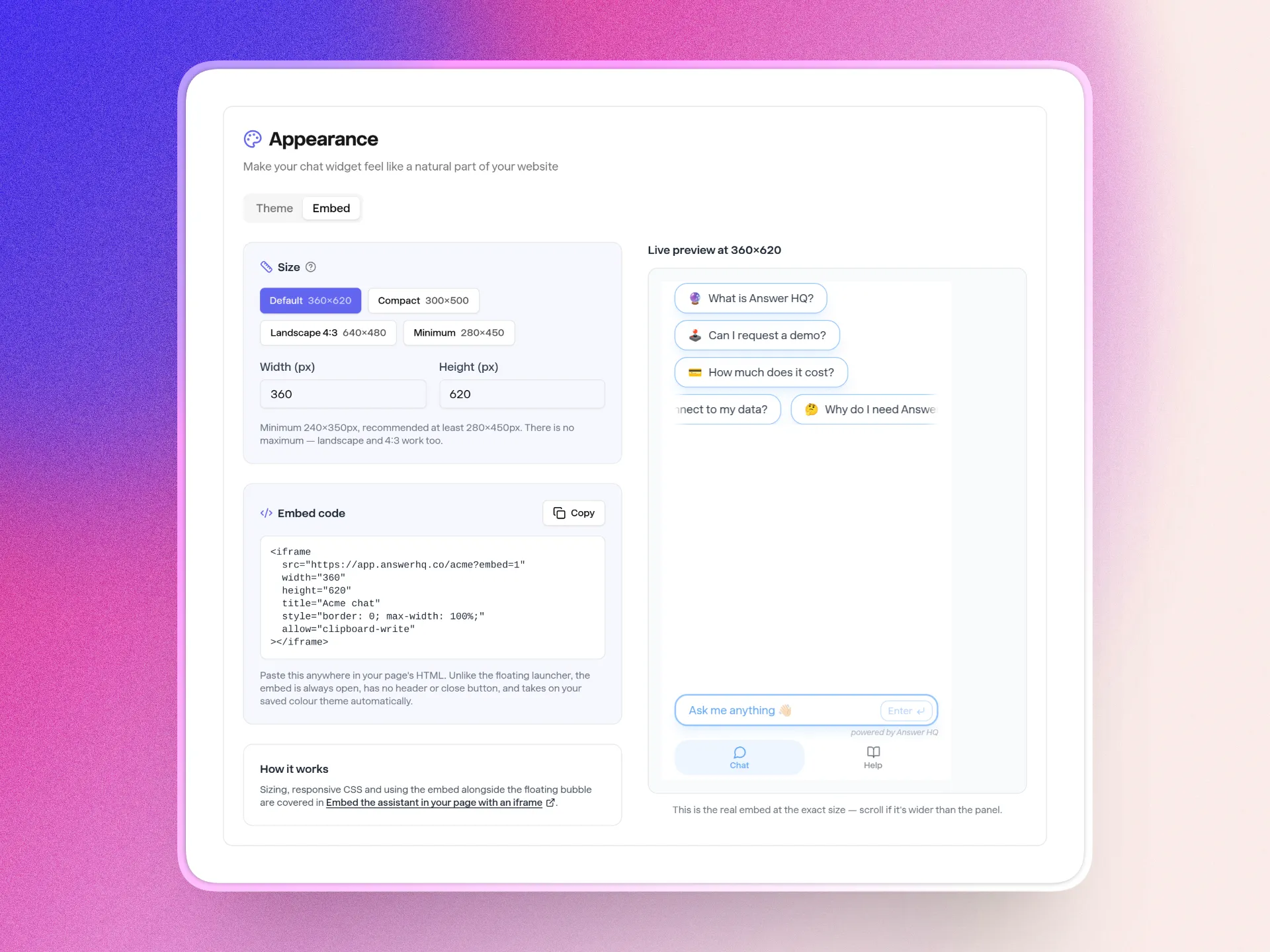 The Embed tab in Appearance with size presets, generated code and a live preview