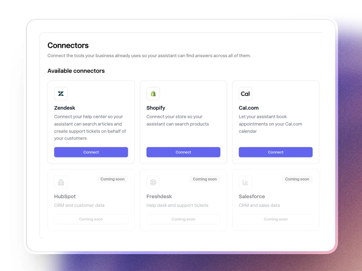 Connectors page with Zendesk, Shopify and Cal.com available to connect