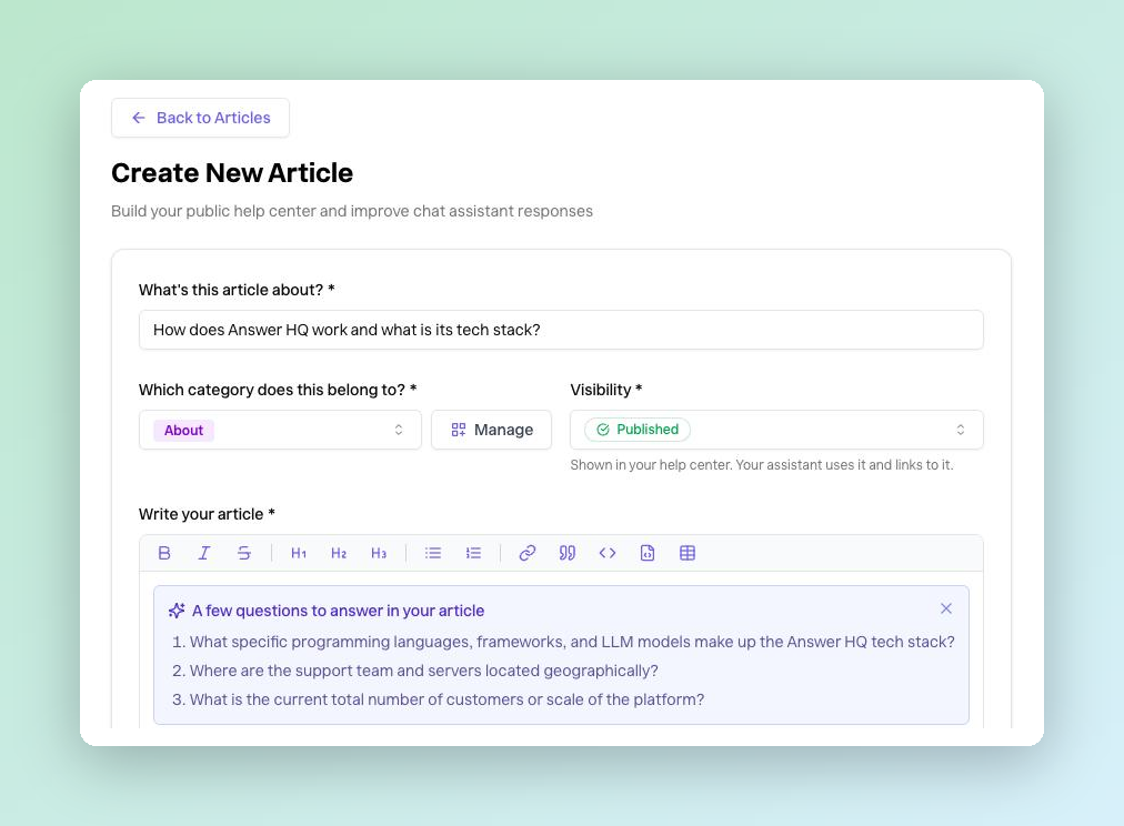 The article editor prefilled from a knowledge gap