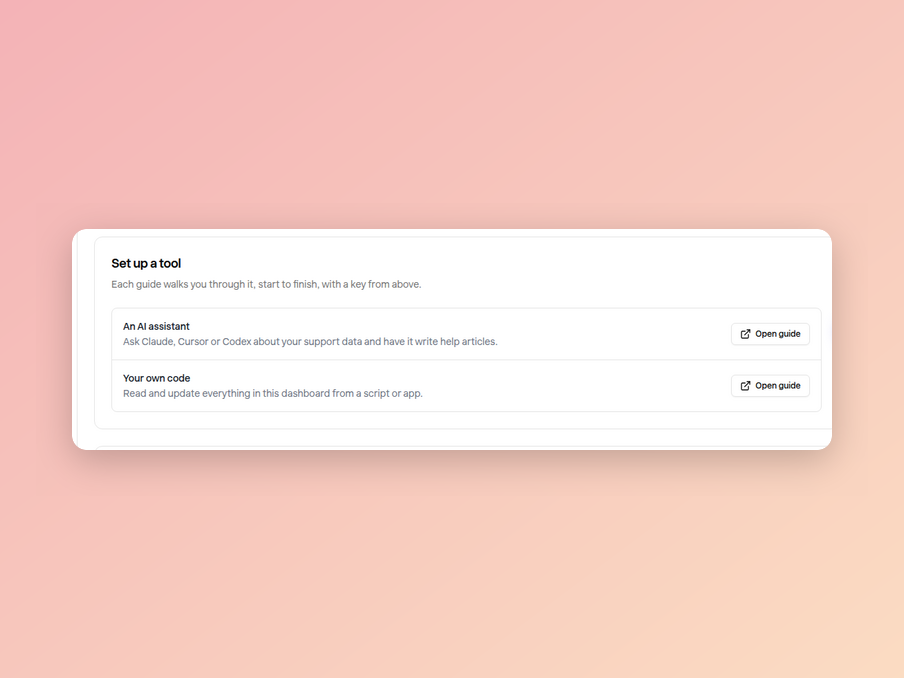 The Set up a tool card in Settings → API, linking to the guides for an AI assistant and for your own code