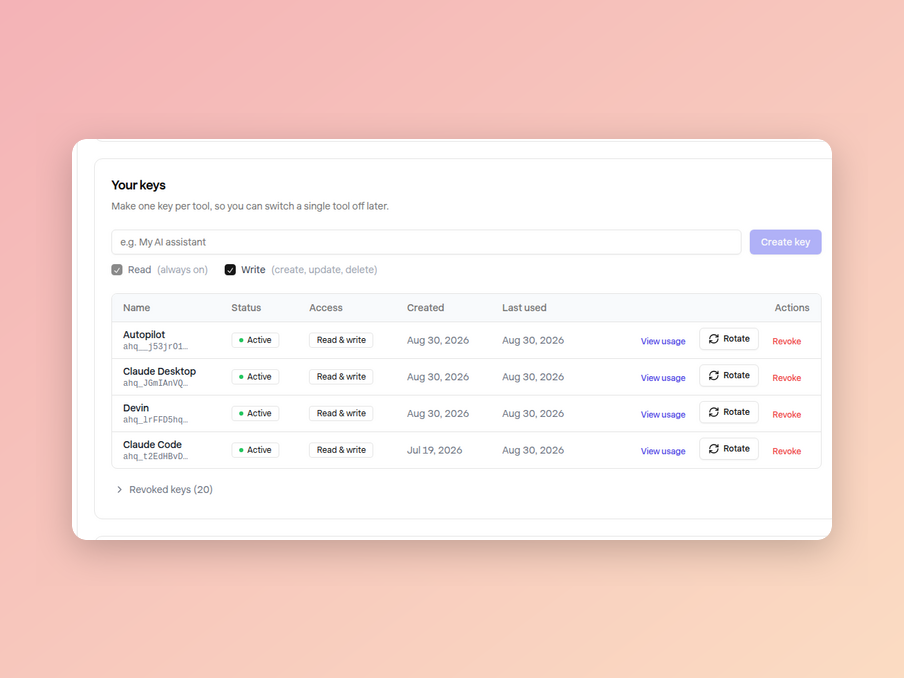 The Your keys section of Settings → API, creating a key with read always on and an optional write checkbox