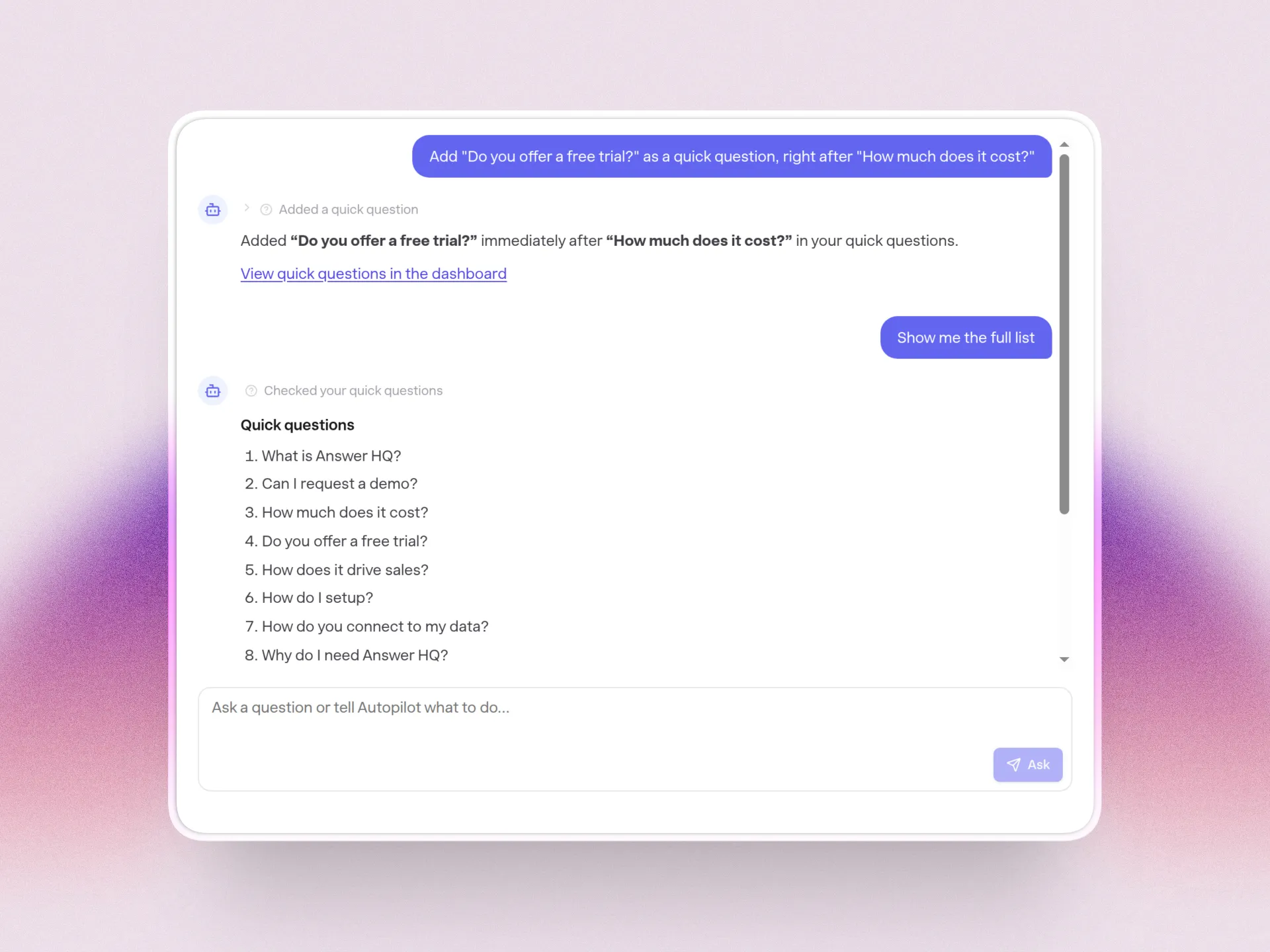 Autopilot adding a single quick question, with the approval card showing exactly what will change
