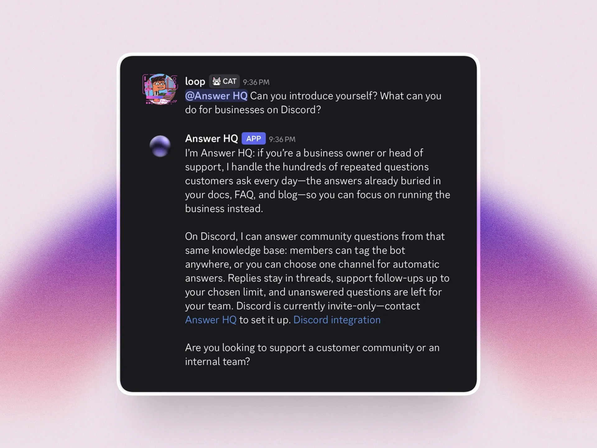 The Answer HQ bot in a Discord channel introducing itself after being tagged