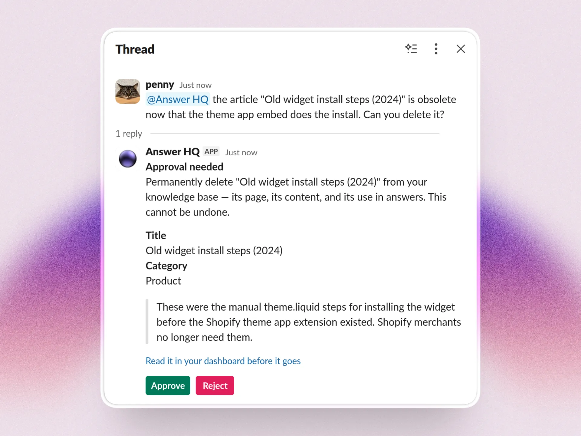 An approval card in Slack asking to confirm an article deletion