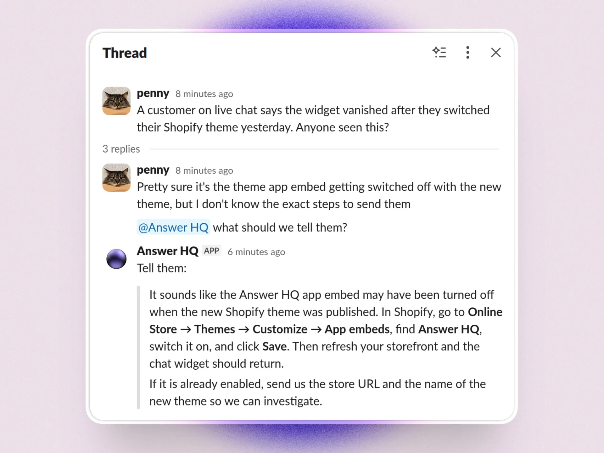 The Answer HQ Slack bot answering a question inside an existing thread