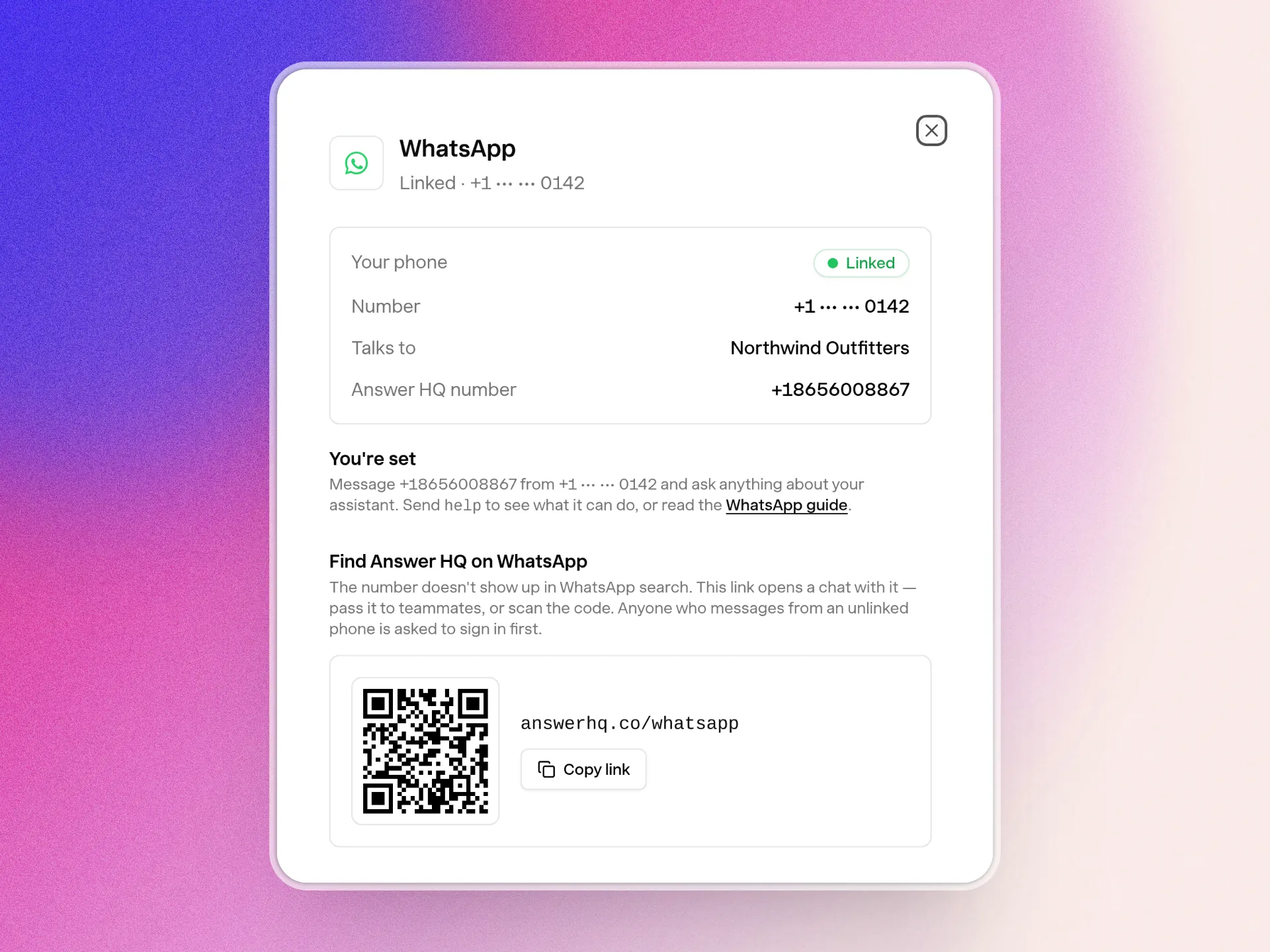 The WhatsApp card on the Connectors page in the Answer HQ dashboard