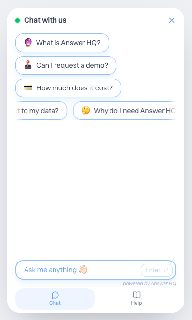 The chat widget with Chat and Help tabs