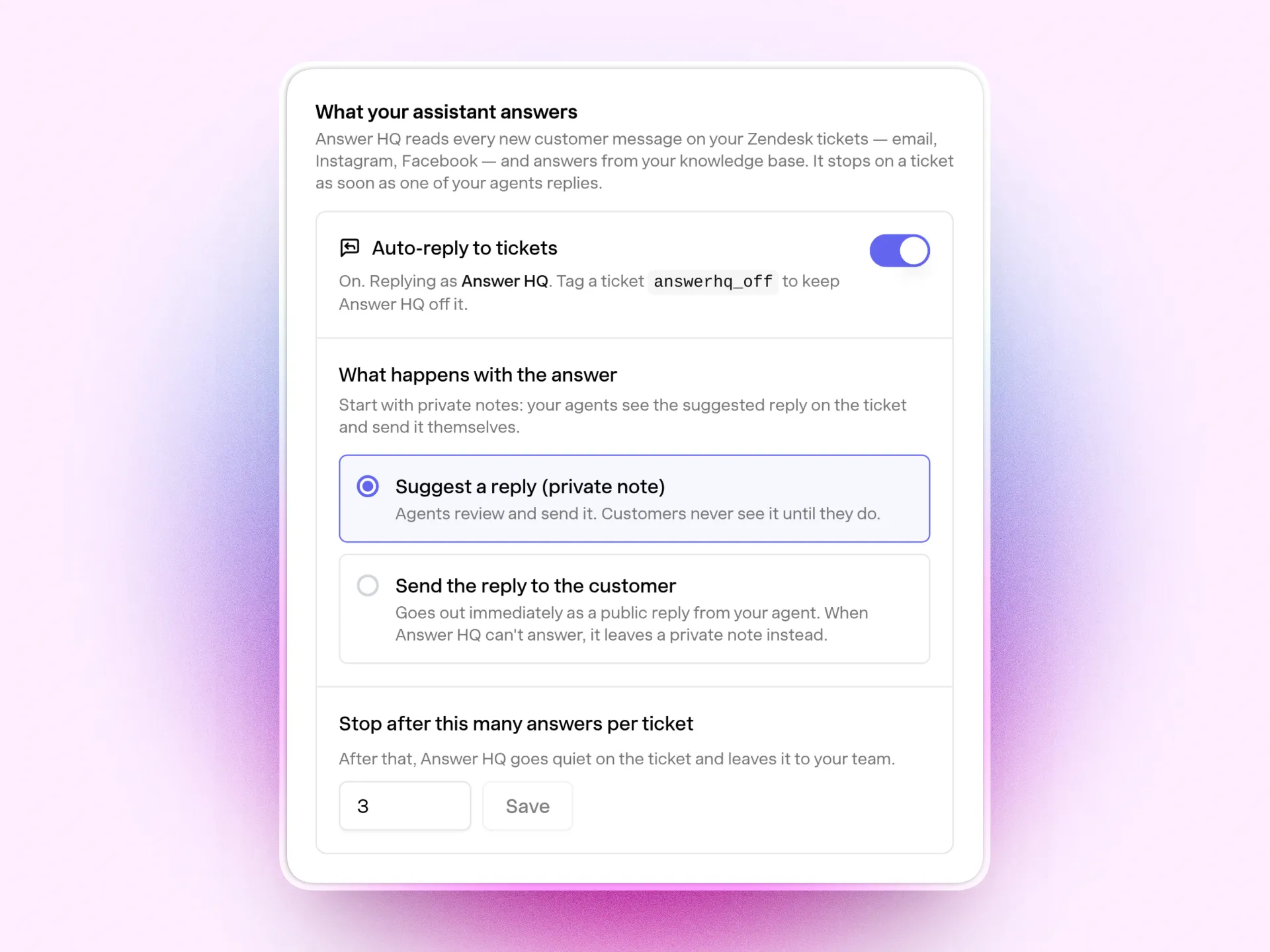 The Zendesk connector's auto-reply settings in the Answer HQ dashboard